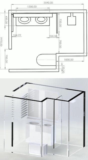 Plano 3D del baño de Gandía con la ducha de obra y la ventana reubicada, previo a la reforma