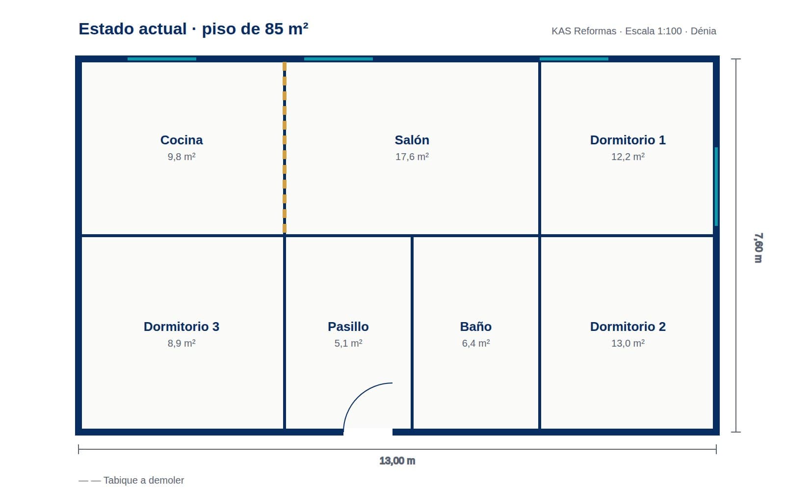 Plano de estado actual de un piso de 85 m² con el tabique a demoler marcado