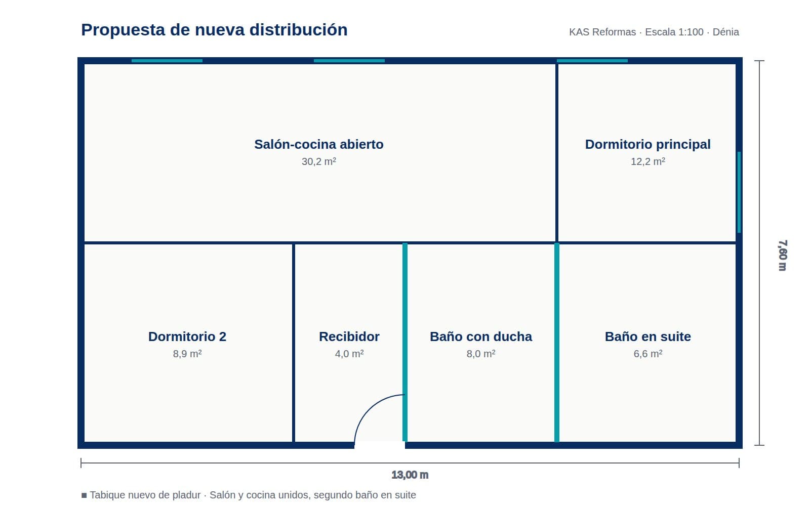 Propuesta de nueva distribución: salón-cocina abierto y segundo baño en suite